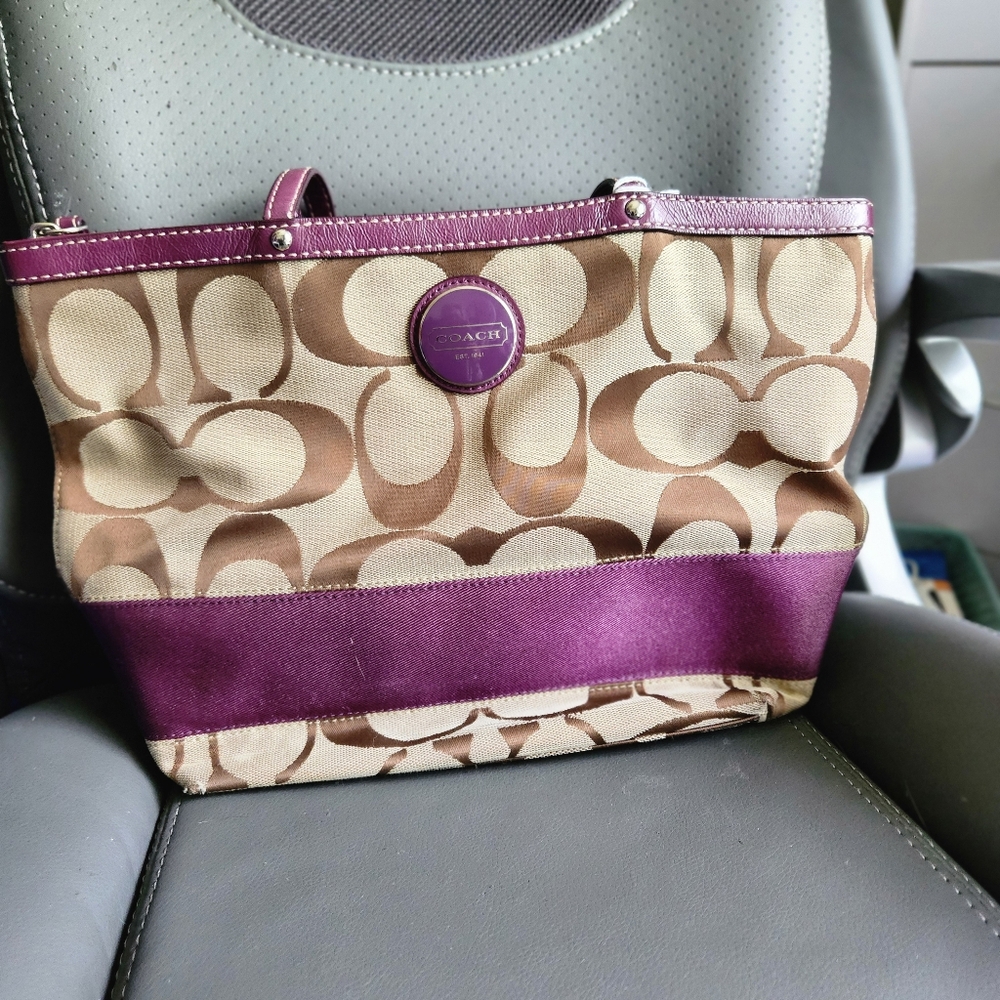 Authentic Coach Signature C Canvas with Purple Leather Trim